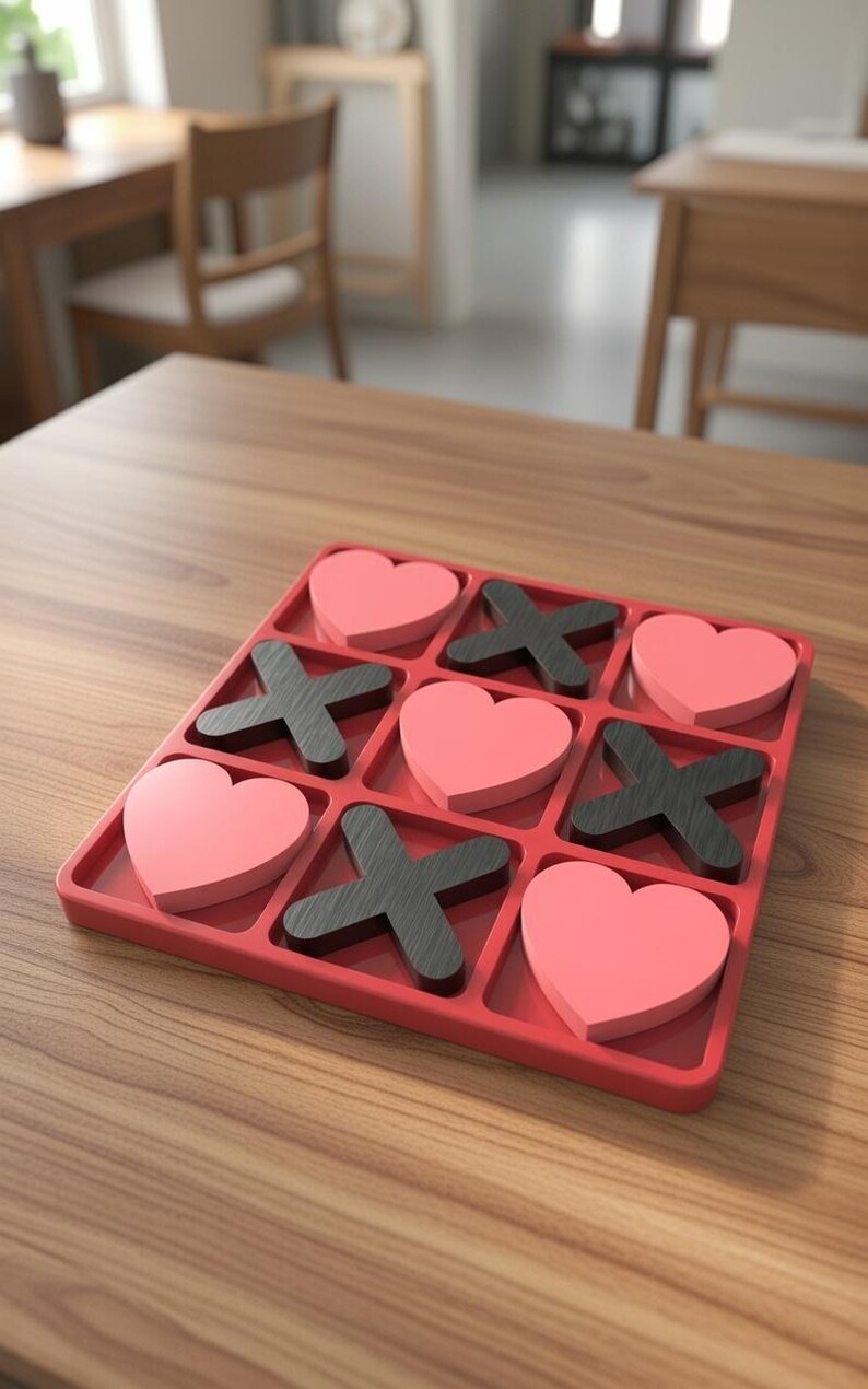 May include: A red tic-tac-toe game with pink heart-shaped pieces and black X-shaped pieces. The game is set on a wooden table, with the game pieces arranged in a 3x3 grid.