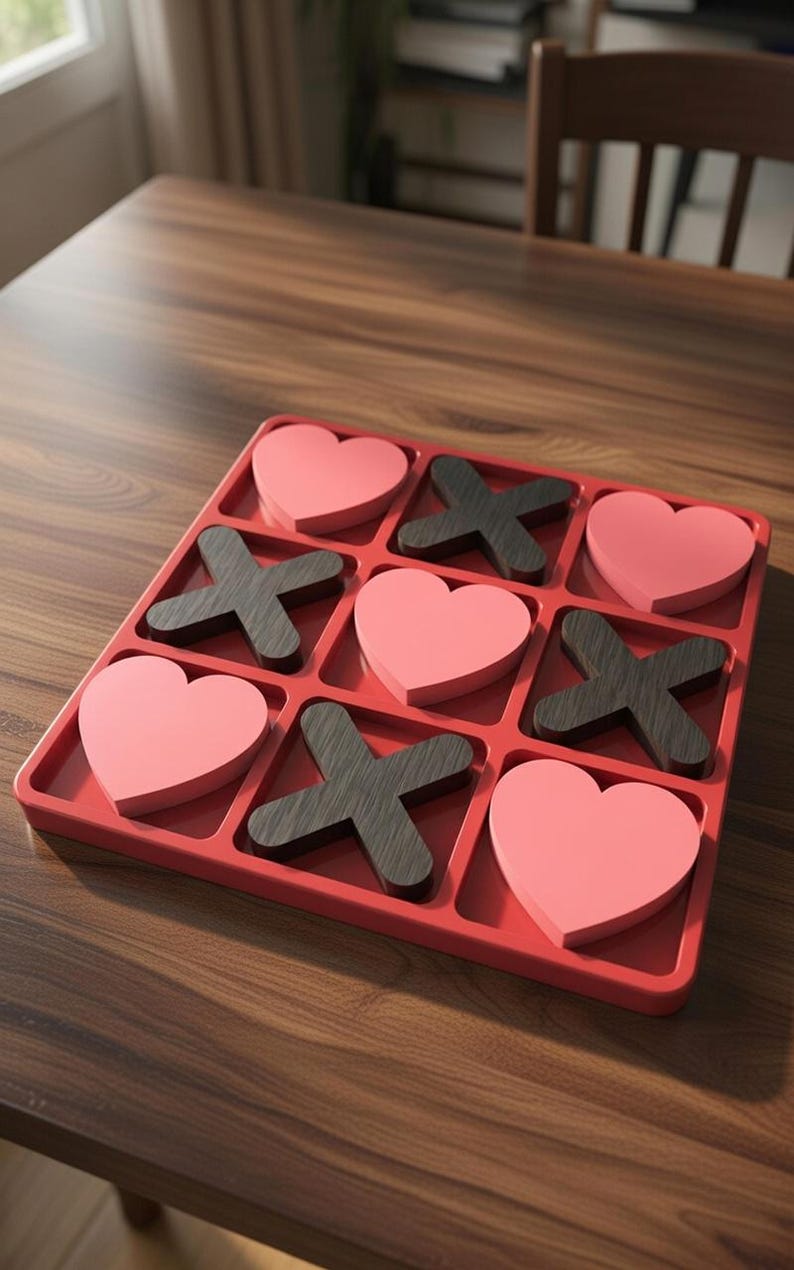 May include: A red tic-tac-toe game with heart-shaped and X-shaped game pieces. The game pieces are pink hearts and dark gray X's. The game is on a wooden table.