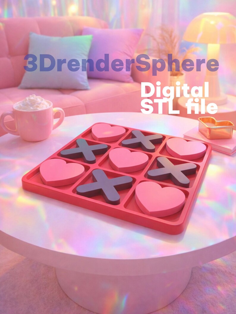 May include: A red tic-tac-toe game with pink heart-shaped and dark gray X-shaped game pieces. The game is on a white table, with text that reads "3DrenderSphere Digital STL file". A pink mug with whipped cream is also visible.