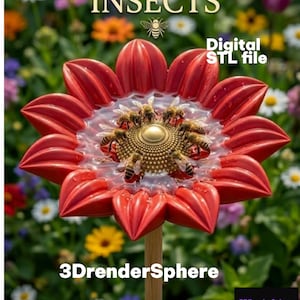 Può includere: Una vaschetta rossa a forma di fiore su un paletto di legno con un centro dorato, su cui riposano delle api. Il testo recita SAVE THE INSECTS, Digital STL file e 3DrenderSphere. Il design include una piccola icona di ape e un logo geometrico.