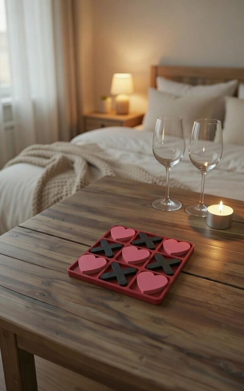 May include: A wooden table with a red tic-tac-toe game featuring pink hearts and black X's. Two wine glasses and a lit candle are on the table. A bed with white linens is in the background.
