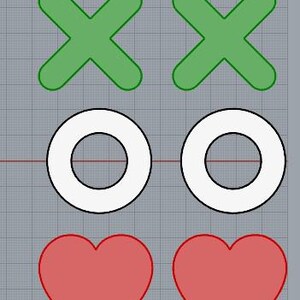 May include: A graphic design featuring two green X shapes, two white O shapes, and two red heart shapes. The shapes are arranged in three rows on a gray grid background. The design is simple and bold.