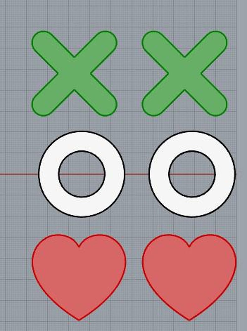 May include: A graphic design featuring two green X shapes, two white O shapes, and two red heart shapes. The shapes are arranged in three rows on a gray grid background. The design is simple and bold.