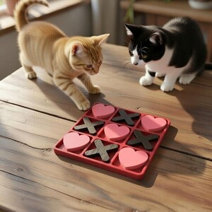 May include: Two kittens, one orange tabby and one black and white, are focused on a red tic-tac-toe game. The game pieces are pink hearts and black X's. The game is on a wooden table.