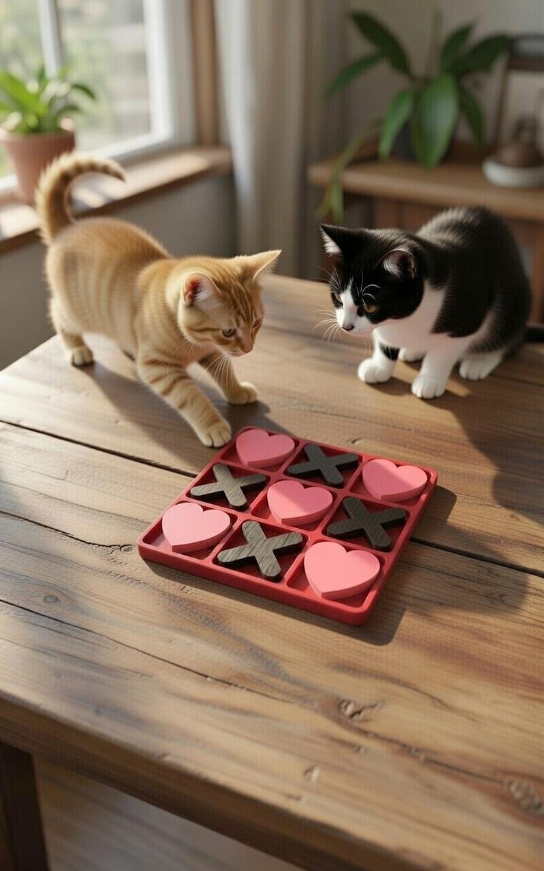 May include: Two kittens, one orange tabby and one black and white, are focused on a red tic-tac-toe game. The game pieces are pink hearts and black X's. The game is on a wooden table.