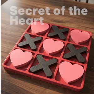 May include: A red tic-tac-toe game with pink heart-shaped pieces and dark gray X-shaped pieces. The game board has the text "Secret of the Heart" and "stl" printed on it. The game is on a wooden table.