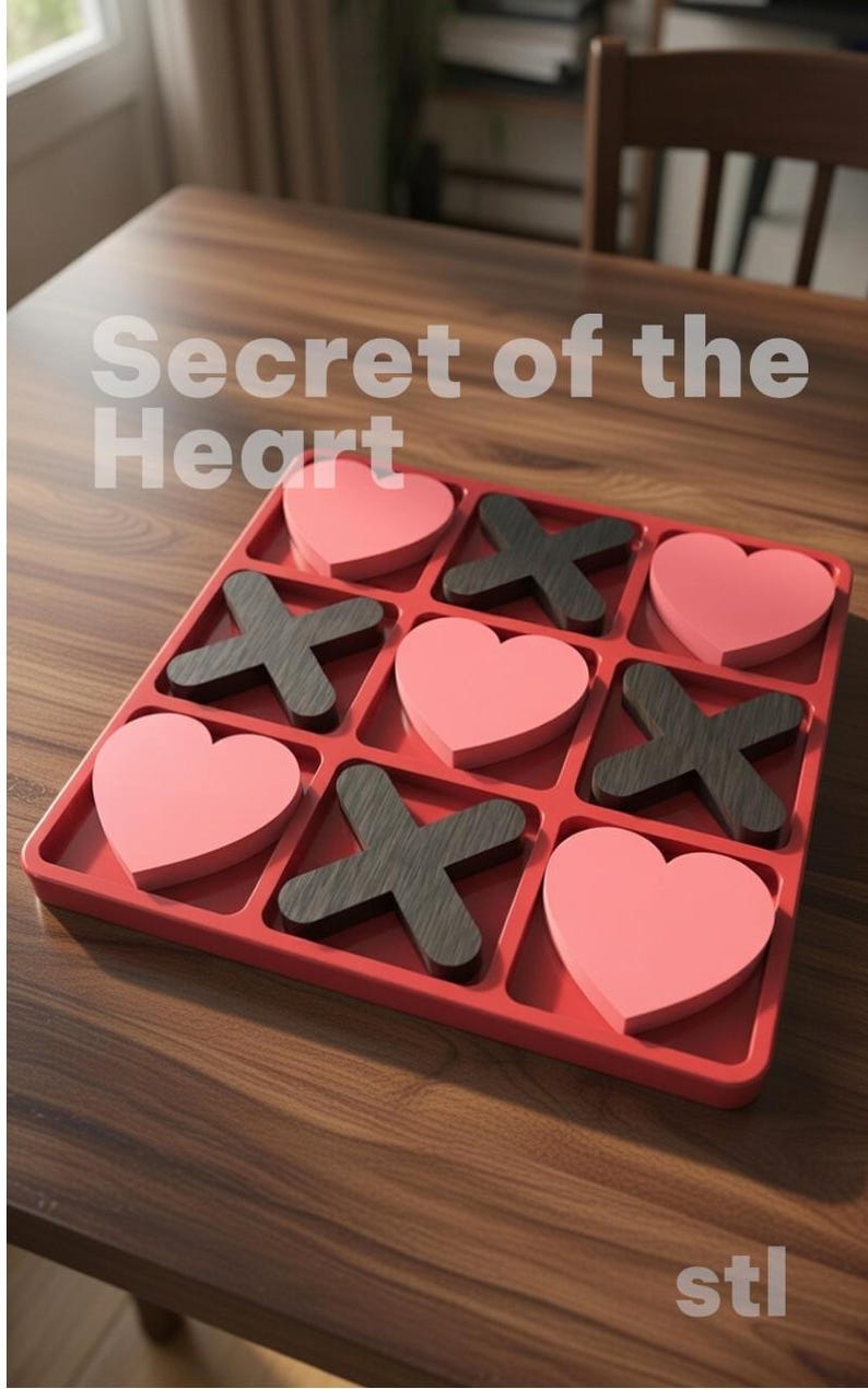 May include: A red tic-tac-toe game with pink heart-shaped pieces and dark gray X-shaped pieces. The game board has the text "Secret of the Heart" and "stl" printed on it. The game is on a wooden table.