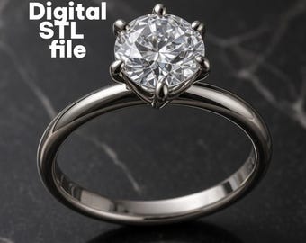Ring STL Solitaire Engagement 6.4mm Diamond Moissanite 6 Prong Wedding Ring