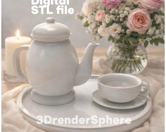 Tea Set STL Teapot Cup Saucer Tray Photo Prop Gift Decor 3D Printable