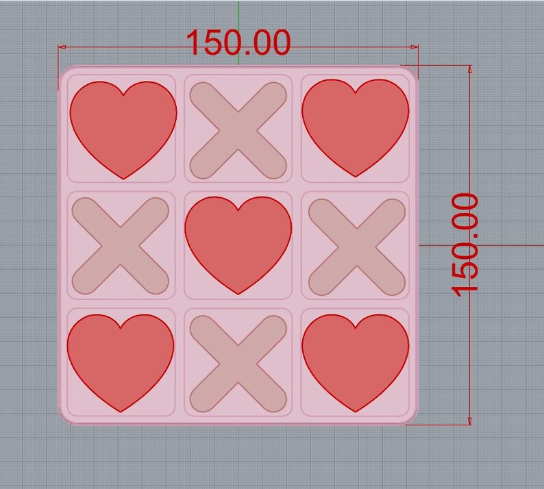May include: A pink tic-tac-toe board with red hearts and light brown X's. The board is square, measuring 150.00 units on each side. The design is simple and graphic, perfect for a Valentine's Day theme.