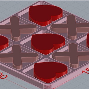 May include: Isometric view of a tic-tac-toe game board with heart-shaped and cross-shaped game pieces. The board is a light gray color, and the game pieces are a deep red and brown. The dimensions are 150.00 units.