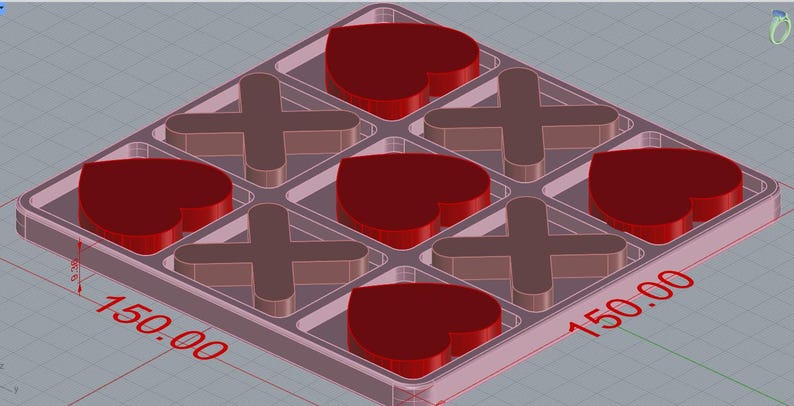 May include: Isometric view of a tic-tac-toe game board with heart-shaped and cross-shaped game pieces. The board is a light gray color, and the game pieces are a deep red and brown. The dimensions are 150.00 units.