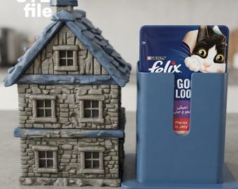 Zakhouder STL Dorpshuis 3D-printbare dierenvoerorganizer Rustieke woondecoratie