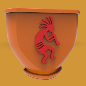 Puede incluir: Un cuenco de cer&aacute;mica de color naranja con un dise&ntilde;o rojo de Kokopelli. El cuenco tiene un acabado brillante y una forma redondeada, con una peque&ntilde;a base. La figura de Kokopelli toca una flauta.