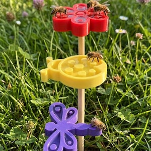 May include: A three-tiered bee feeder with red, yellow, and purple flower-shaped platforms. Bees are actively feeding on the platforms, which are mounted on wooden dowels. The feeder is set in a grassy area with clover.