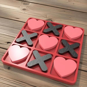 May include: A red tic-tac-toe game with heart-shaped and X-shaped game pieces. The game pieces are pink hearts and dark gray X's. The game is set on a wooden surface.