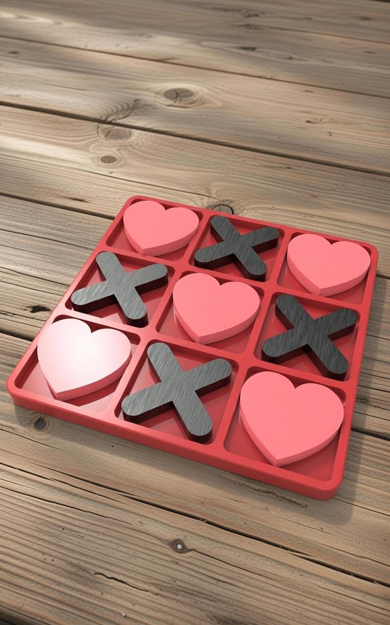 May include: A red tic-tac-toe game with heart-shaped and X-shaped game pieces. The game pieces are pink hearts and dark gray X's. The game is set on a wooden surface.