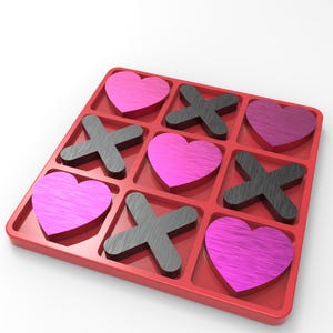 May include: A red tic-tac-toe game board with heart and X-shaped game pieces. The hearts are pink and the X's are dark gray. The game is set against a white background.