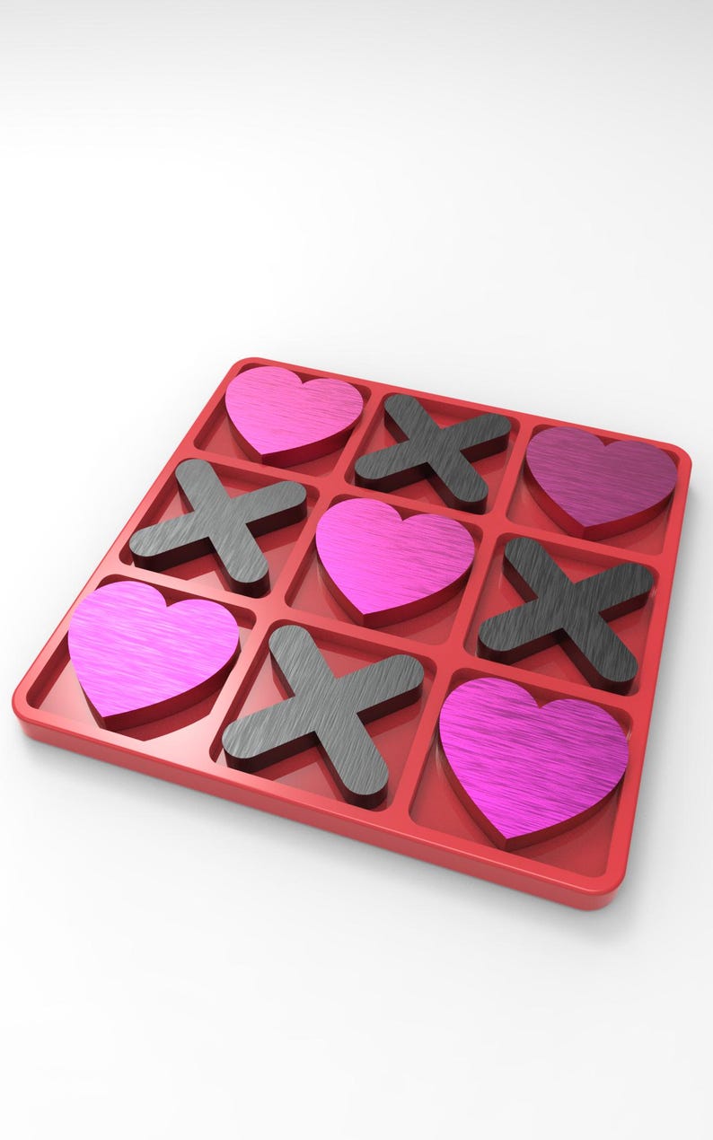 May include: A red tic-tac-toe game board with heart and X-shaped game pieces. The hearts are pink and the X's are dark gray. The game is set against a white background.