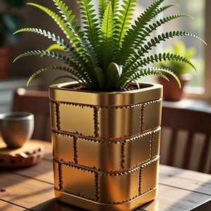 Könnte beinhalten: Ein goldfarbener, quadratischer Pflanztopf mit einer Farnpflanze. Der Pflanztopf hat ein ziegelartiges Design. Der Farn hat hellgrüne, federartige Wedel. Der Pflanztopf steht auf einem Holztisch, mit unscharfem Hintergrund.