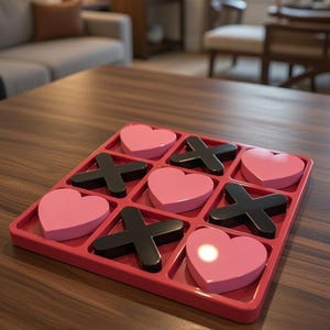 May include: A red tic-tac-toe game with pink heart-shaped pieces and black X-shaped pieces. The game is set on a dark wooden table, with a blurred living room in the background. A fun and decorative game for home.