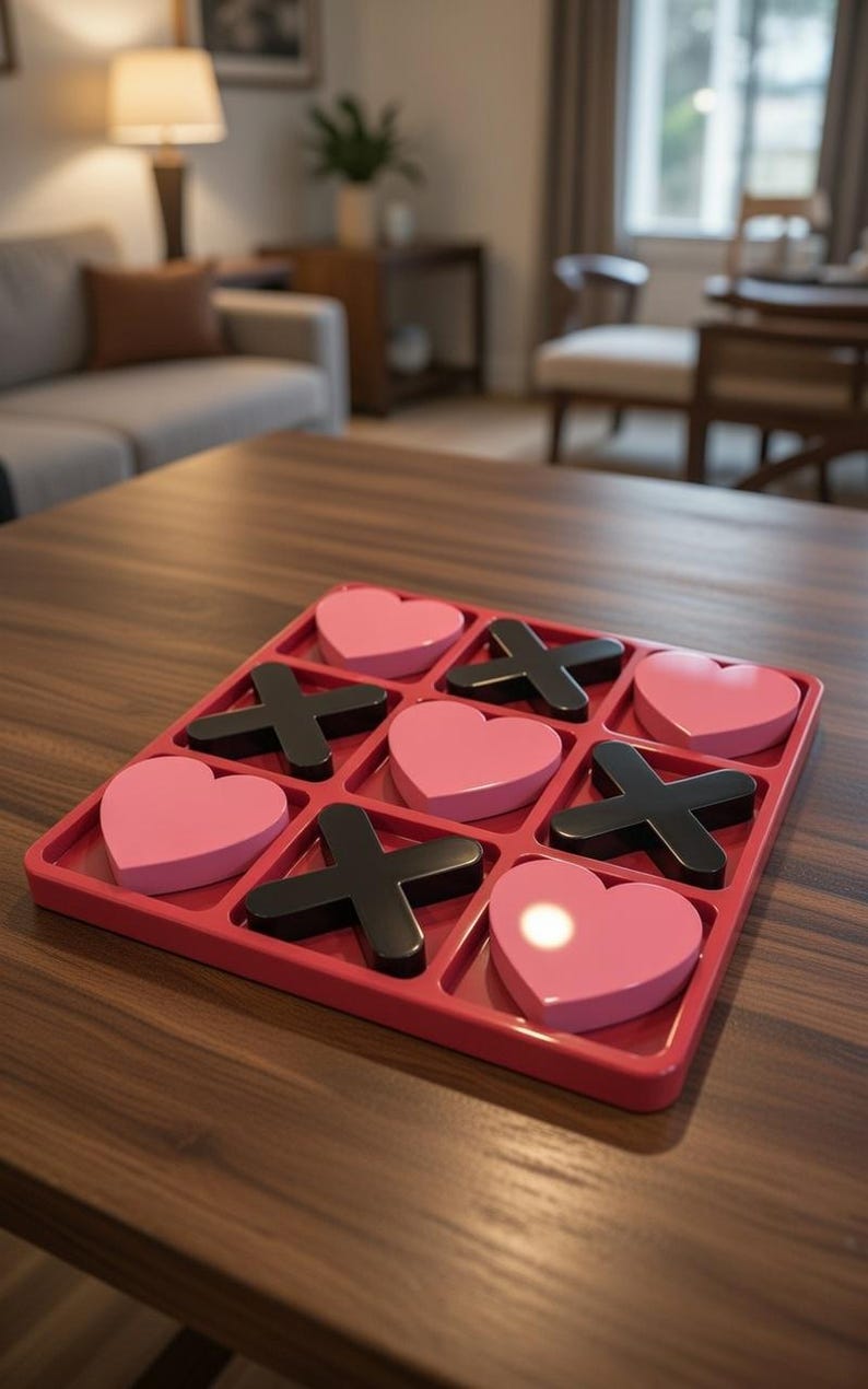 May include: A red tic-tac-toe game with pink heart-shaped pieces and black X-shaped pieces. The game is set on a dark wooden table, with a blurred living room in the background. A fun and decorative game for home.