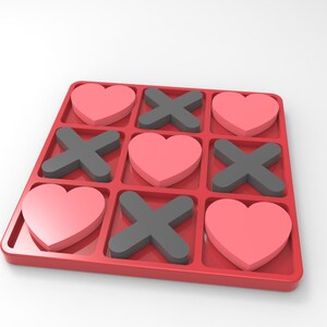 May include: A red tic-tac-toe board with pink heart and gray X game pieces. The game board is a square with a grid of nine spaces. The heart and X pieces are arranged in a pattern.