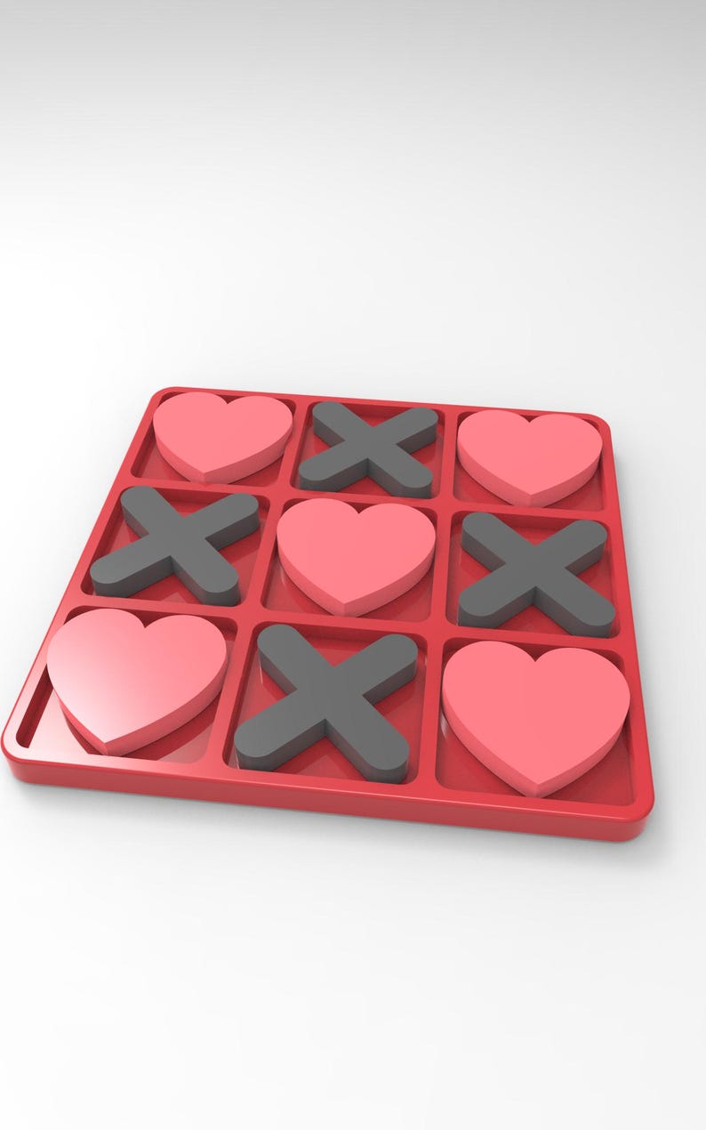 May include: A red tic-tac-toe board with pink heart and gray X game pieces. The game board is a square with a grid of nine spaces. The heart and X pieces are arranged in a pattern.