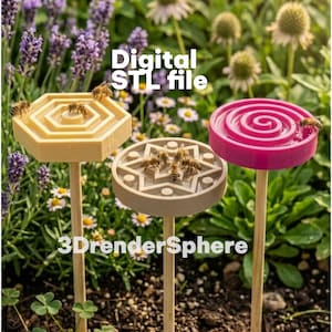 May include: Three colorful bee feeders on wooden stakes are displayed in a garden setting. The feeders are yellow, tan, and pink, with bees on top. The text "Digital STL file" and "3DrenderSphere" are visible.