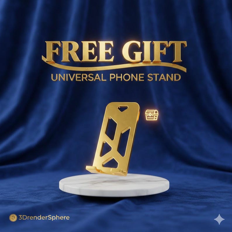 May include: A gold-colored universal phone stand is displayed on a white marble platform against a deep blue backdrop. The words "FREE GIFT" and "UNIVERSAL PHONE STAND" are written in gold. A small gold icon is also present.
