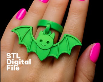 3D Halloween STL | Vliegende vleermuisring | Beweegbaar sieraad | Unisex cadeau | Zilverkleurig gegoten