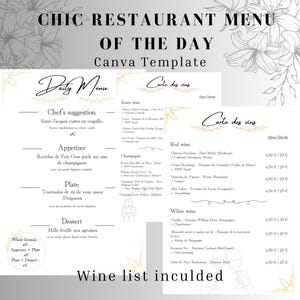 Szablon Canva z listą win i codziennym menu dla eleganckiej, minimalistycznej restauracji
