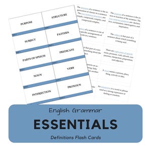 May include: Flash cards for English grammar essentials. The cards are white with blue borders and include terms like "Purpose," "Subject," and "Noun." The title "English Grammar Essentials" is displayed on a blue background.