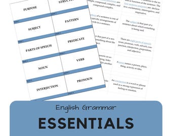 May include: Flash cards for English grammar essentials. The cards are white with blue borders and include terms like "Purpose," "Subject," and "Noun." The title "English Grammar Essentials" is displayed on a blue background.