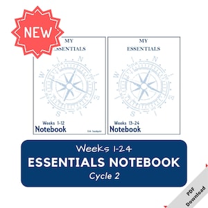 以下が含まれることがあります： コンパスローズのデザインと「My Essentials」の文字が入った2冊のノート。ノートには「Weeks 1-12」と「Weeks 13-24」と書かれています。紺色のバナーには「Weeks 1-24 Essentials Notebook Cycle 2」と書かれています。赤いスターバーストには「NEW」と書かれています。