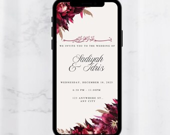 Invitación de boda islámica elegante / Invitación Nikah floral burdeos / Tarjeta de boda musulmana imprimible / Plantilla de boda digital