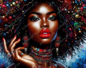 Afrozentrische Frau Portrait: Schwarze Kunstdruck mit Perlenhaar (Digitaler Download)