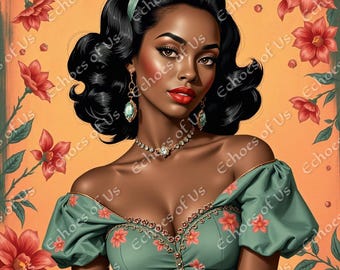 Black Woman Portrait Print: Vintage Floral Glam Art (Digital Download