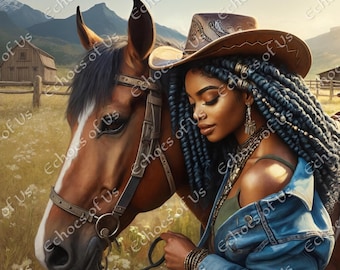 African American Cowgirl and Horse Art Print: Rustic Western Farmhouse Decor (Digital Download