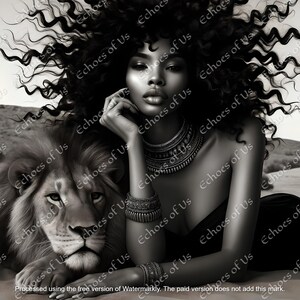 Regal African Woman and Lion Digital Wall Art Print, Black and White Queen Portrait with Tribal Jewelry, Afrocentric Safari Decor