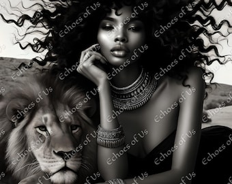 African Queen and Lion Art Print: Tribal Jewelry, Afrocentric Decor (Digital Download)