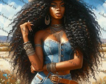 Afro Cowgirl Art Print, Black Western Woman, Rustic Fashion (Digital Download)