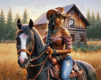 Black Cowgirl on Horseback: Western Farmhouse Art Print (Digital Download)