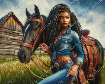 Black Cowgirl Art Print: Afrocentric Rodeo, Rustic Farmhouse (Digital Download)