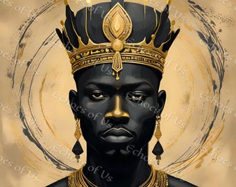 May include: Digital art portrait of a person with dark skin, adorned with a gold crown, earrings, and necklace. The artwork features a black and gold color scheme, with the text "Echoes of Us" visible in the background.