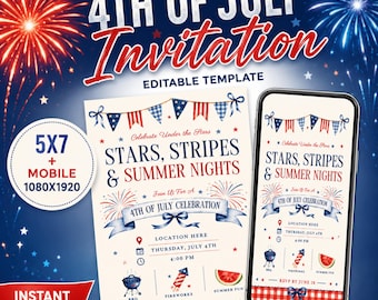 May include: An editable 4th of July invitation template featuring red, white, and blue patriotic graphics, including bunting, fireworks, and a barbecue grill. The design displays text for a celebration, including location, date, and time details.