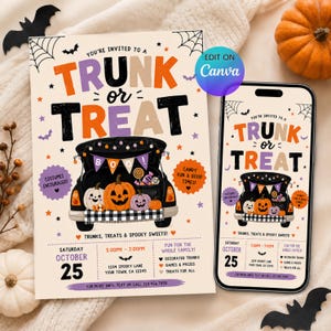 May include: A Trunk or Treat event invitation flyer and a smartphone displaying the same design. The graphic features a car trunk filled with pumpkins, sweets, and a banner reading BOO, with text including October 25, 5:00PM-7:00PM, and 1234 Spooky Lane.