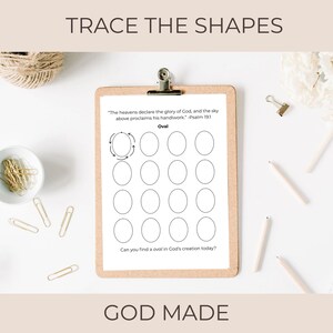 Puede incluir: Una hoja de trabajo con el texto "TRACE THE SHAPES" y "GOD MADE". La hoja de trabajo tiene una tabla de madera con el texto "Oval" y una serie de formas ovaladas para trazar. También es visible el texto "Can you find a oval in God's creation today?"