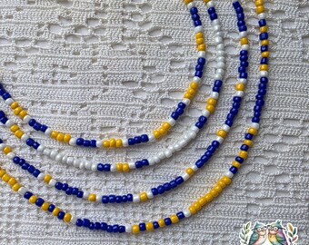 Blue Gold White Seed Bead Necklace, School Pride Collection, Team Colors Personalized