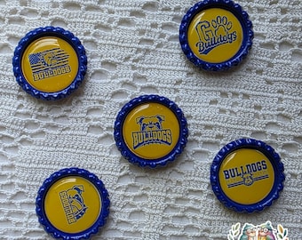 Bulldog Magnets, Refrigerator Magnet, Unique Gift, School Pride, Unique Magnet, Bottle Cap Magnet,  Bulldog Team Gift Idea, Blue and Gold